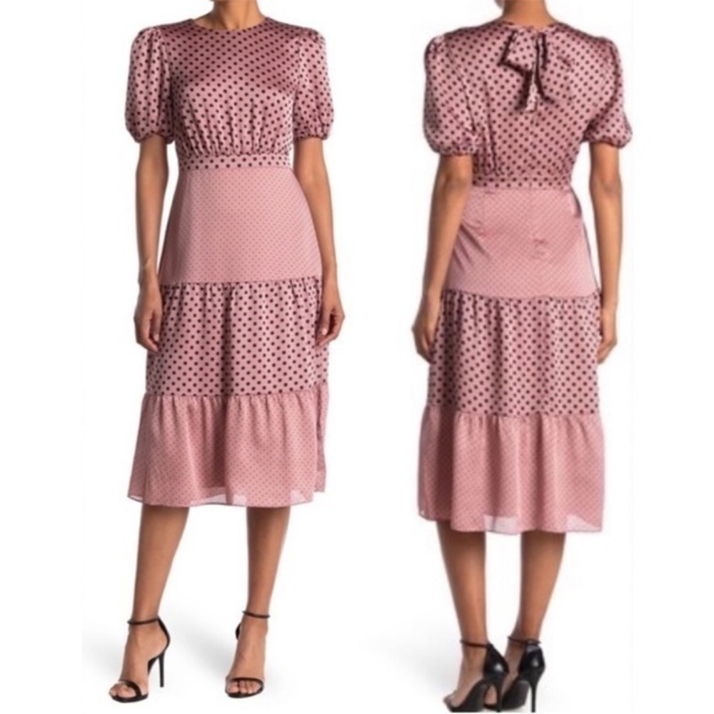 Ted Baker Dress Nilia Midi Puff Sleeve Polka Dot in Dusky Pink